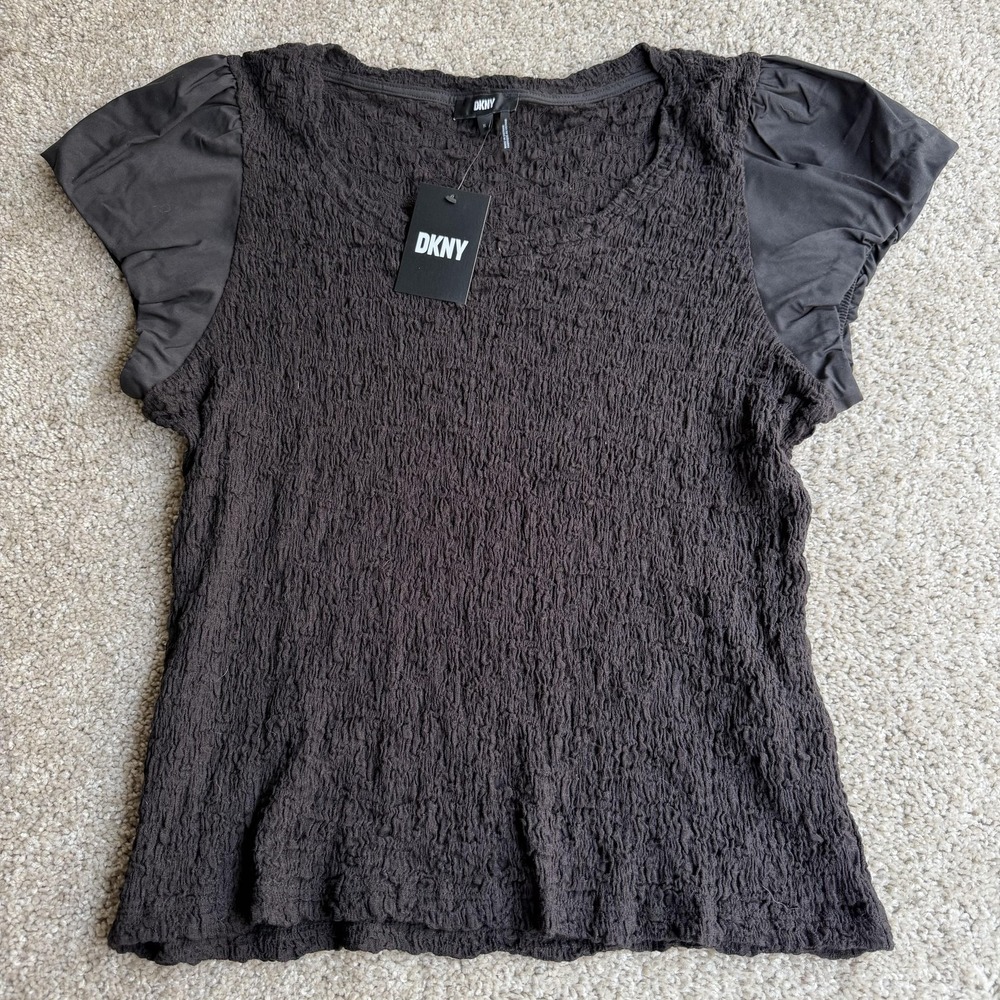 DKNY Shirt Womens XL Brown Textured Scoop Neck Puff Short Sleeve Stretch Top